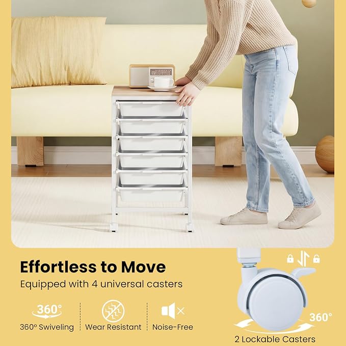 GOFLAME 6-Drawer Rolling Storage Cart, Craft Storage Cart with Wood Tabletop and Lockable Wheels, Art Cart Supply Storage Organizer with Metal Frame for Home Office Classroom, White