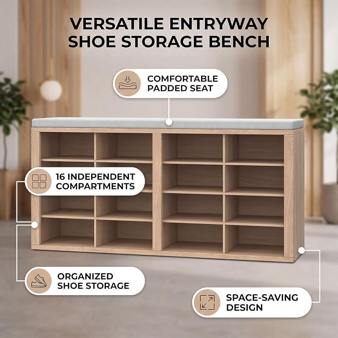 Shoe Rack Bench, Shoe Storage Bench with Cushion, Shoe Organizer 16 Cubbies for Entryway Hallway Bedroom Living Room, Holds Up to 400lbs