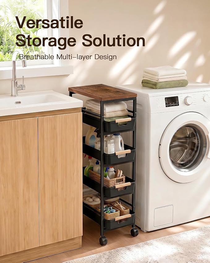Pipishell Slim Rolling Storage Cart with Drawers & Lockable Wheels, 5 Tier Kitchen Cart with Safety Stops & Vented Design, Wood Top, Pull-Out Utility Cart for Kitchen, Bathroom, Laundry Room, Black