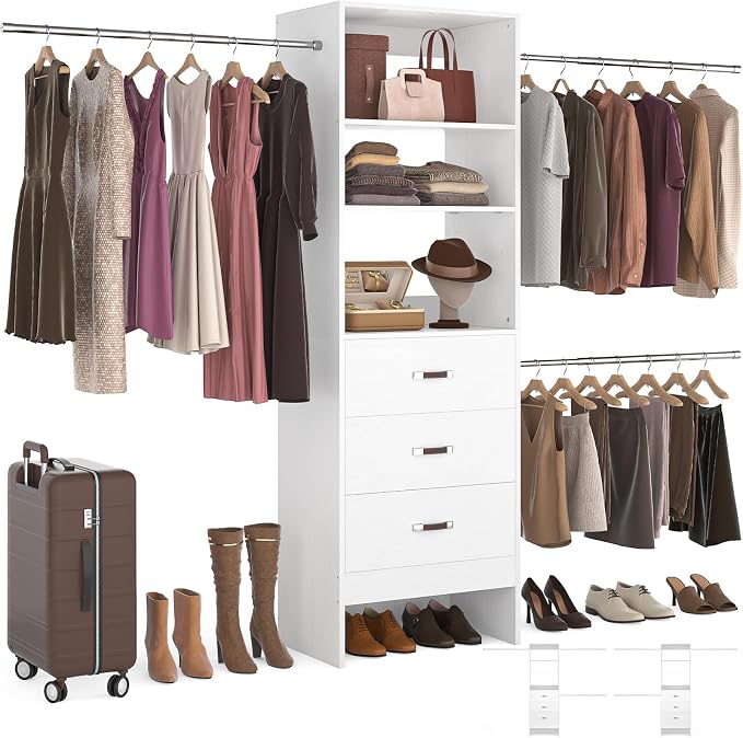 Homieasy 96 Inches Closet Organizer System, 8FT Customizable Walk In Closet Organizer with Hanging Rods, 3 Drawers Garment Rack with Leather Handle , 96" L x 16" W x 75" H, Max Load 1000 LBS, White