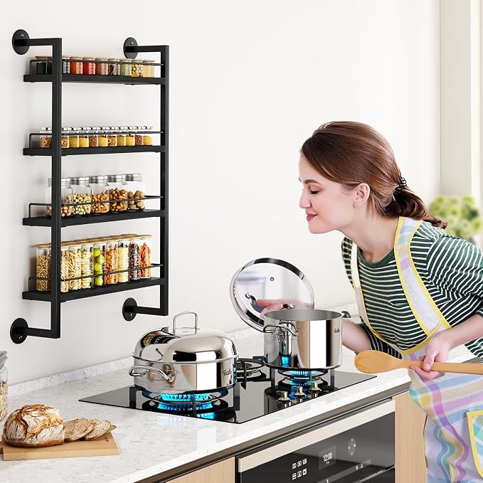 IBUYKE 4 Tier Spice Rack Wall Mount for Kitchen,Black TLJ016B | Hanging Seasoning Organizer,Large Spice Rack for Wall Spice Organization for Kitchen Cabinet Bathroom Pantry Living Room