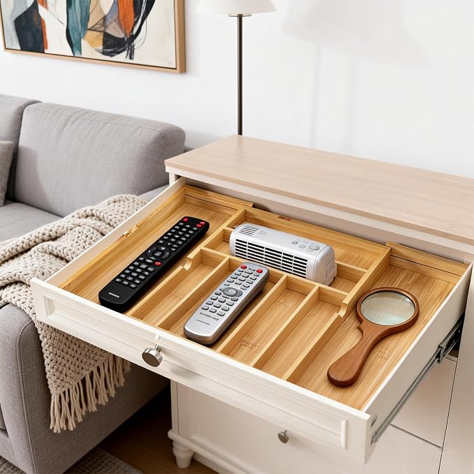 Bamboo Expandable Silverware Drawer Organizer, Adjustable Utensil Tray Cutlery Holder for Kitchen Drawer, Flatware Storage Organizer for Spoons, Forks and Knives, Natural (8 Slot,)