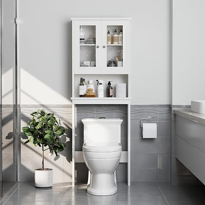 Over The Toilet Storage Cabinet for Bathroom, White Storage Organizer Over Toilet, Space Saver with Tempered Glass Doors, White