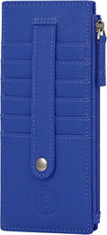 Leatherboss Genuine Leather Women's All in One Credit Business Card Case Holder Slim Zipper Wallet With a Card Protection Strap, Oxford Blue