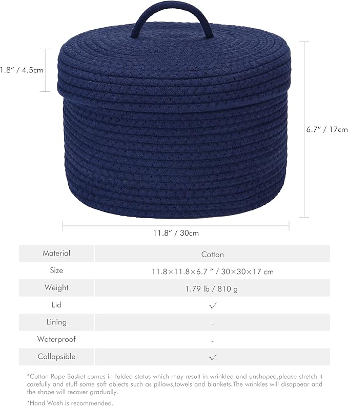 Sea Team Round Cotton Rope Storage Basket with Lid, Lidded Woven Storage Bin, Nursery Storage Container, Diaper Caddy, Baby Shower Basket, Box, Organizer, 11.8 x 11.8 x 6.7 Inches (Medium, Navy Blue)