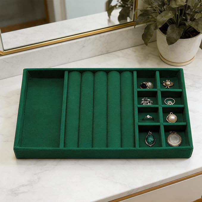 Velvet Jewelry Organizer Trays Dark Green Stackable Jewelry Storage Display Tray with Removable Dividers, 3-in-1