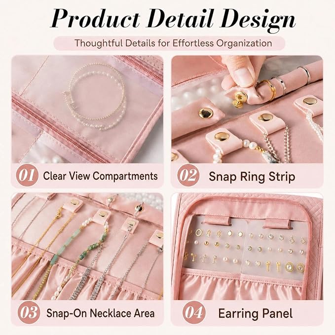 Double Sided Hanging Jewelry Organizer for Closet Door, Pink,Travel Closet | hanging jewelry organizer keeps earrings, rings, necklaces, and bracelets visible in a closet or travel bag.