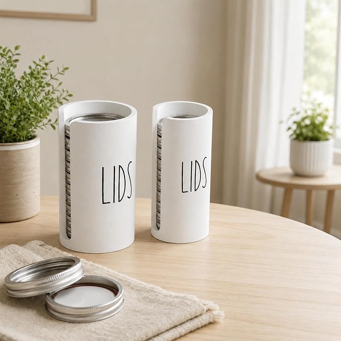 Mason Jar Lid Storage Organizer, White, 2 Pack | Wooden, Lid Holder & Dispenser, Fits Wide & Regular Mouth, Stackable for Kitchen Cabinet Pantry