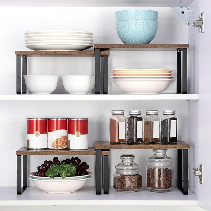 ETELI Kitchen Counter Cabinet Shelf Organizer Expandable Stackable Shelves Set of 4 Shelf Risers Small Counter Top Racks for Kitchen Cupboard Pantry, Brown