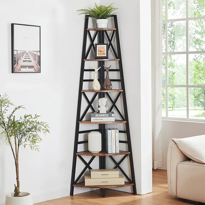HOMBAZAAR 6 Tier Corner Shelf, 72 Inch Industrial Corner Bookshelf, Tall Ladder Bookcase with Metal Frame, Rustic Shelf Stand for Living Room, Bedroom, Office, Rustic Brown