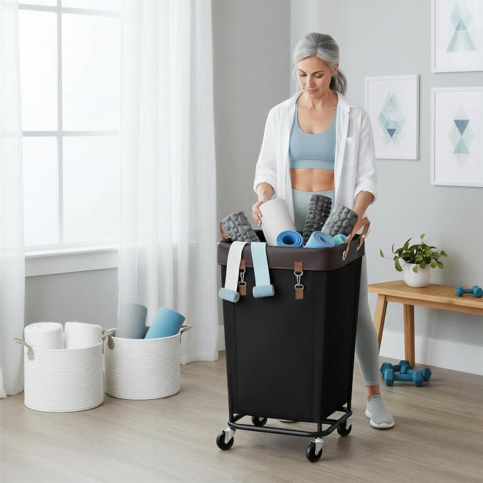 StorageWorks Laundry Basket with Wheels for Clothes, 160L Black Hamper Cart