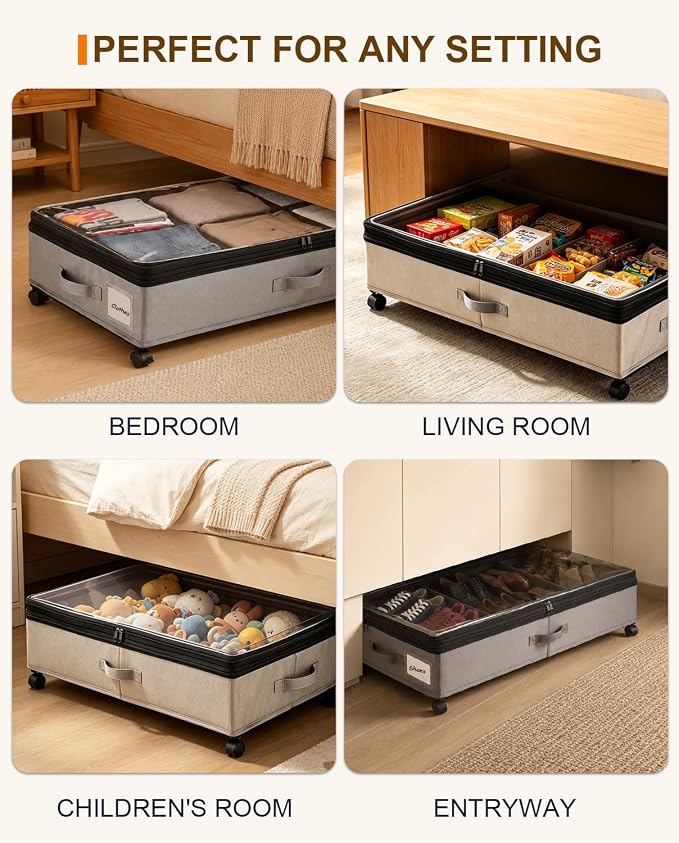 Under Bed Storage w/Wheels,70L Under Bed Containers,2 Pack-Grey | 11.5 Inch Under Bed Storage Containers,70L Large Adjustable Underbed w/ Lids,Rolling Underbed Storage Bins for Shoes,Clothes