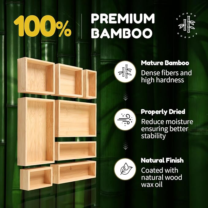 lilLittle Bamboo Drawer Organizer, 8 Pcs Multi Purpose Drawer Organizer Set | Wood Wax Oil Finish, Natural Bamboo, Sturdy, Space Saving, Versatile Storage, Easy to Clean