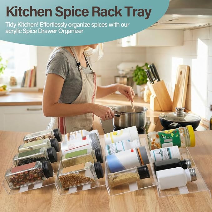 8 Pack Spice Drawer Organizer with 18 Anti-Slip Mats, 13" to 26" Expandable Acrylic Seasoning Organizer Rack Tray Kitchen Spice Rack Drawer Holds up to 56 Jars (Jars Not Included)