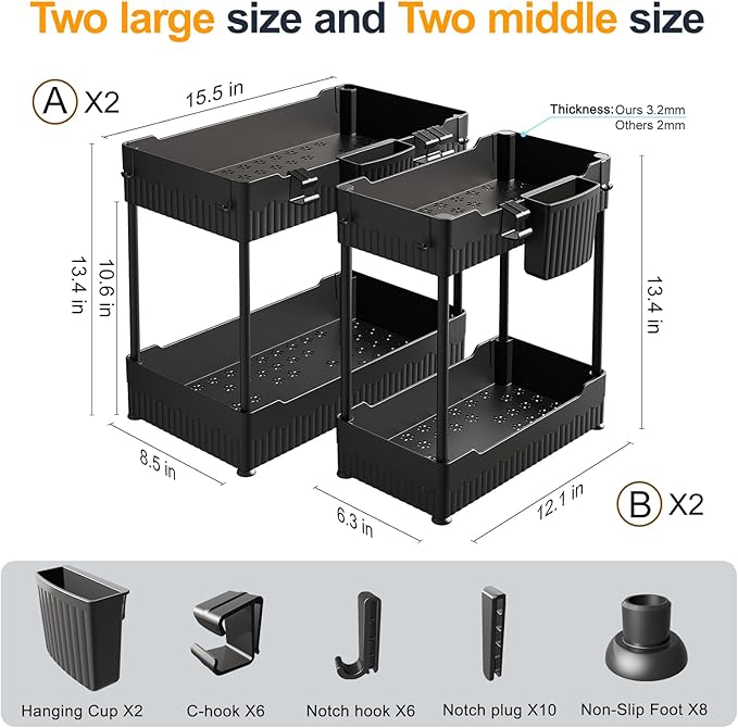 Sevenblue 4 Pack Under Sink Organizer, Under Bathroom Cabinet Organizer with Hooks Hanging Cup, Multi-Purpose Storage Shelf for Kitchen Bathroom, Black