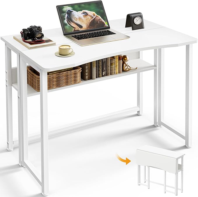 Huuger Folding Desk with Storage Shelf, 31.5 Inch Foldable Computer Table for Small Spaces, Space Saving Sofa Table for Couch, Writing Work Office Computer Desk, Easy to Fold, White