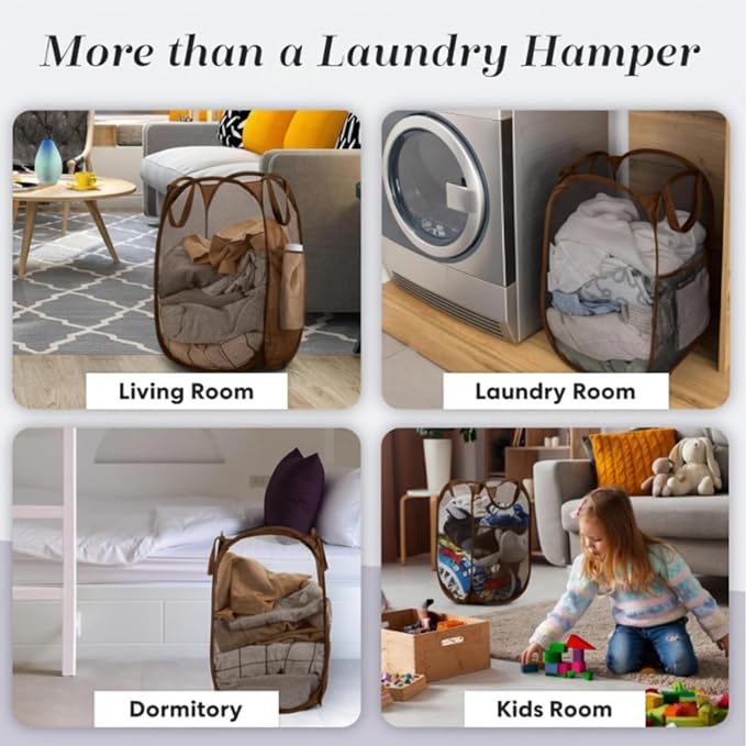 Handy Laundry Collapsible Mesh Pop Up Laundry Hamper with Side Pocket | Sturdy Reinforced Handles, Breathable Foldable Basket for Dorm, Travel, Cruise, Bedroom, 14 x 13 x 24 in, Brown