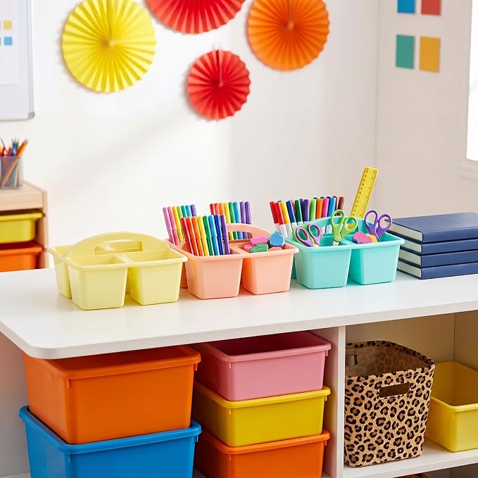 Kathfly 12 Pack Classroom Caddy Organizer with Handle, Plastic Art Craft Cleaning Caddy Bulk, Small Multipurpose Supply Organization Storage Basket for Table Desk Office Pencil Teacher (Macaron Color)