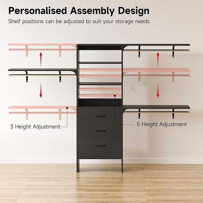 8FT Closet System, 96'' Closet Organizer System with 3 Hanging Rods, Wall Mount Bedroom Wardrobe with 3 Drawers Walk-in Closet, Adjustable Cloth Garment Rack from 5 to 8FT (Cut to Fit), Black