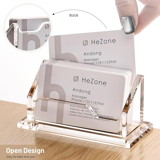 HeZone Acrylic Card Holder Clear Horizontal Business Card Organizer Stand for Desk 1 Slots Business Cards Stand for Women and Men,Desk Accessories for Office, Tabletop (2pack)