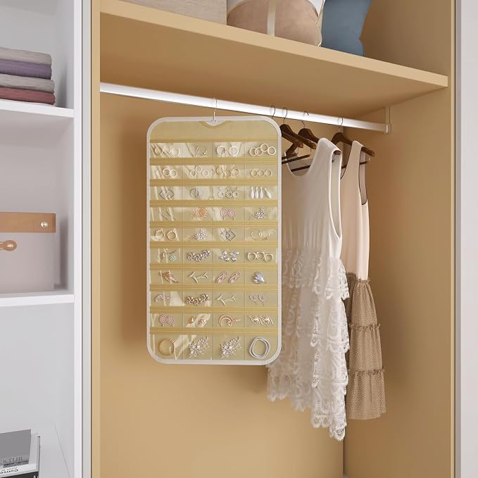 Hanging Jewelry Organizer 80-Pocket Double-Sided, 2-Pack, White and Beige | Foldable clear PVC 80-pocket storage; swivel hook fits walls, doors & rods to organize earrings, necklaces, bracelets & rings