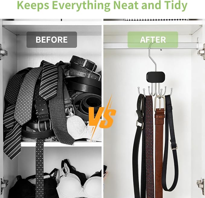 Belt Organizer for Closet, 6-Hook Tie Rack, Scarf & Hat Hanger, Heavy Duty Multifunctional Hanging Organizer for Purses, Bras, Tank Tops, Belts and Accessories (2)