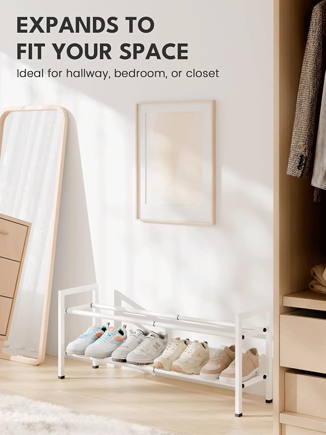 Bumusty 2-Tier Expandable Shoe Rack for Closet, 18“-33” Adjustable Shoe Rack for Small Space, Small Shoe Organizer for Front Door, Sturdy Metal, White