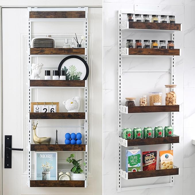 Over-The-Door Organizer – 6-Tier Wooden Pantry Storage Shelf with 12 Hooks, Wall-Mount or Hanging Spice Rack for Kitchen, Bathroom, or Closet