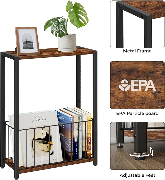 Homleke Narrow Side Table with Magazine Holder, Skinny End Table | Space-Saving Design, Small Spaces, Storage Shelf, Metal Frame, Easy Assembly, 7.1" D x 16.9" W x 23.6" H, Rustic Brown