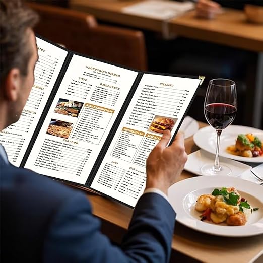 Goodsmart Restaurant Menu Covers – 25 Pack Black 6-View Trifold 8.5" x 11", Side-Loading Vinyl & Plastic Menu Holders, Clear Menu Sleeves, Leather-Style Café Covers with Gold Corners