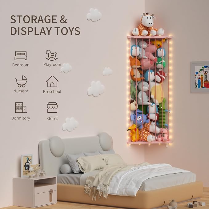Stuffed Animal Storage Shelf Organizer(Patented) - Corner Stuffed Animal Holder Length Adjustable - Wall Plush Storage for Nursery Playroom Bedroom Kids Room (Pink+Light, Standard)