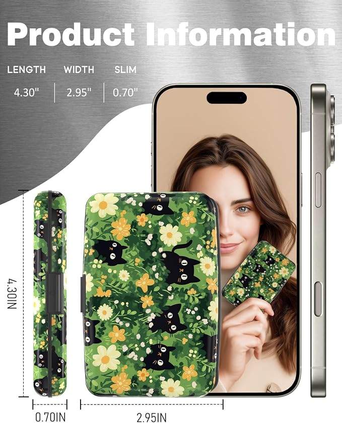 Maicican Credit Card Holder, Mini RFID Blocking Aluminum Wallet | Slim Metal Hard Case Travel Wallet ID Case for Women and Men, 4.3 x 2.9 Inches, Cats and Flowers