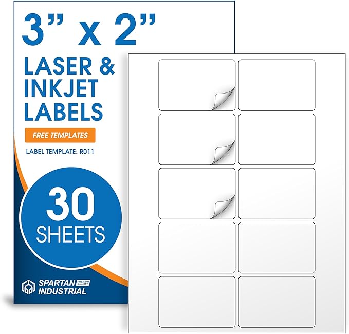 3" X 2" Matte White Printable Shipping Labels (30 Sheets, 300 Stickers) Mailing and Address Labels, Product Packaging Stickers for Laser & Inkjet Printers - Spartan Industrial Template R011
