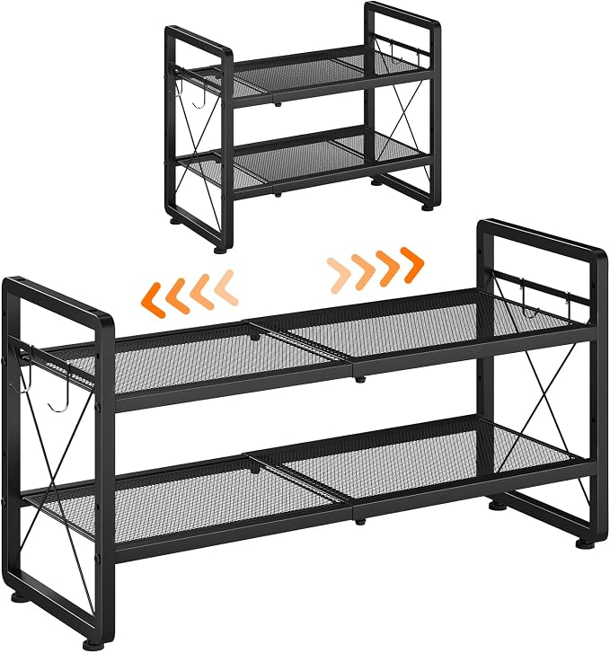 ELYKEN Shoe Rack, 2-Tier Expandable Shoe Organizer for Closet, Metal Black Shoe Shelf with 4 Hooks, Adjustable Shoe Stand Holder for Entryway, Garage, Door Entrance