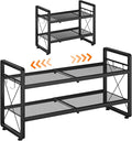 ELYKEN Shoe Rack, 2-Tier Expandable Shoe Organizer for Closet, Metal Black Shoe Shelf with 4 Hooks, Adjustable Shoe Stand Holder for Entryway, Garage, Door Entrance