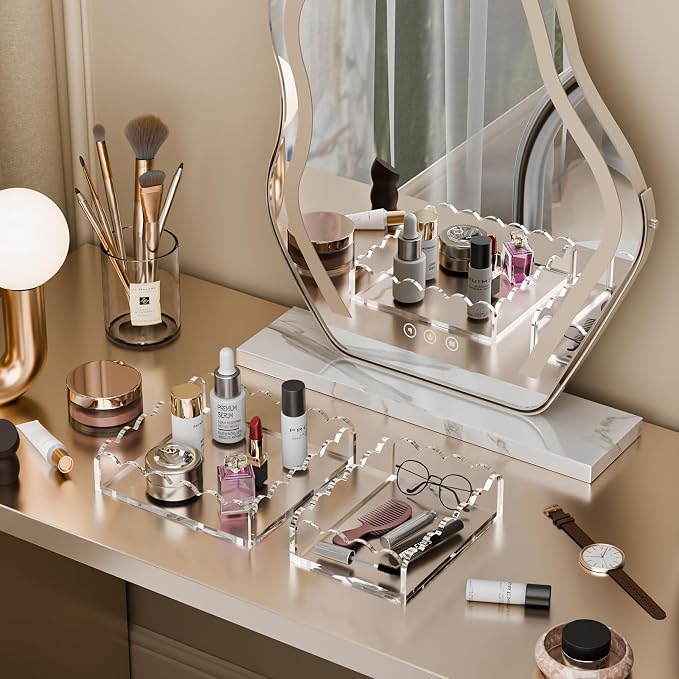 Scalloped Acrylic Tray 2 Pack, Clear Acrylic Decorative Tray for Vanity Jewelry Display, Countertop Organizer Tray for Perfume Makeup, 7 x 5 Inch 8 x 8 Inch Acrylic Organizer for Bathroom Home Decor