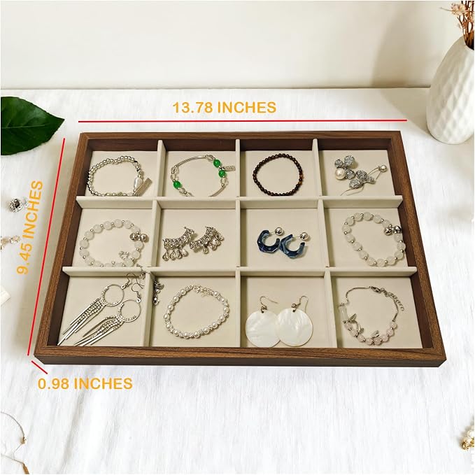 Large Jewelry Trays for Drawers Stackable Velvet Jewelry Display for Vendors Jewelry Drawer Organizer Inserts for Rings Necklace Bracelets Earrings and Studs Earrings (Beige, 12 Grid)