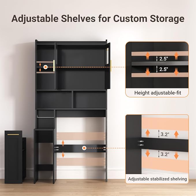 ELYKEN Over The Toilet Storage Cabinet with Pulley Bathroom Storage Cabinet, Home Space-Saving Over Toilet Rack with Glass Doors & Adjustable Open Shelf for Bathroom, Restroom, Laundry,Black