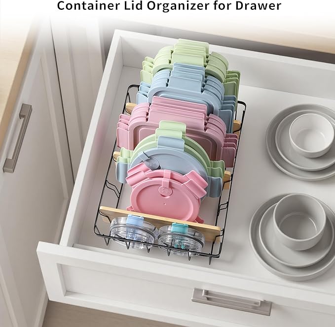 2-Pack Adjustable Lid Organizers - Large Kitchen Cabinet Organizer for Food Storage Container and Tumbler Cup Lids with 6 Bamboo Dividers - Organizers in Kitchen/Pantry/Laundry Room