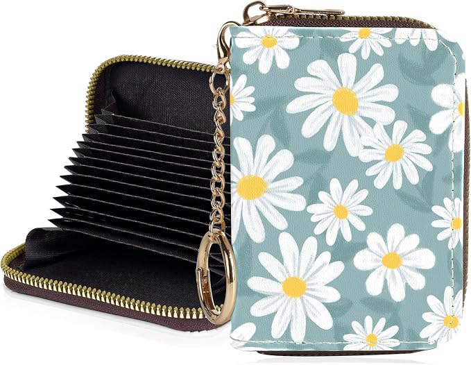 Credit Card Holder for Women,Small Rfid Wallet with Keychain Zipper,Cute PU Leather Card Case Wallet，Accordion Credit Card Wallets Gift,White Daisy C