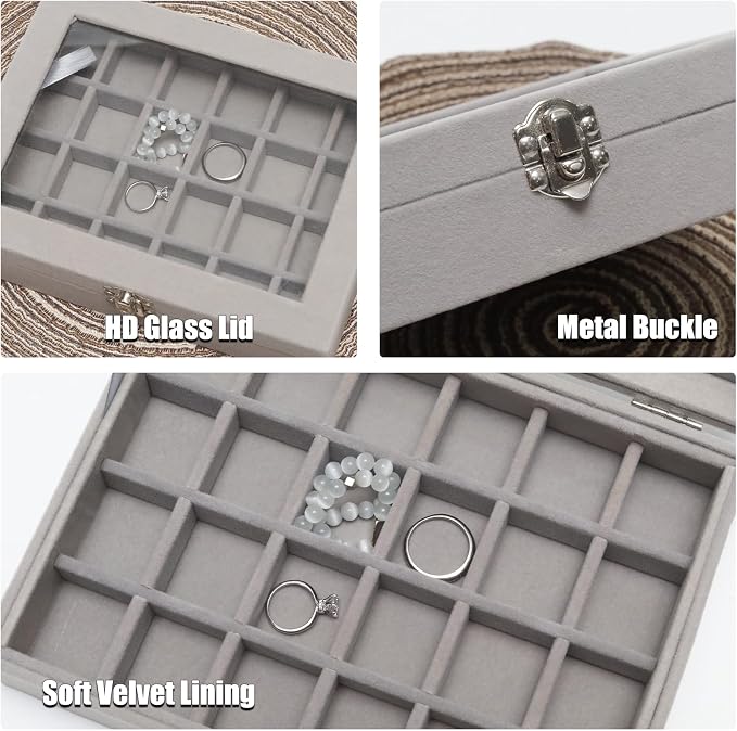Small Velvet Jewelry Tray with Clear Lid, Lockable Ring Earring Holder Organizer Storage Box Case Jewelry Box Organizer for Rings Earrings Bracelets Brooches, 24 Grids Gray