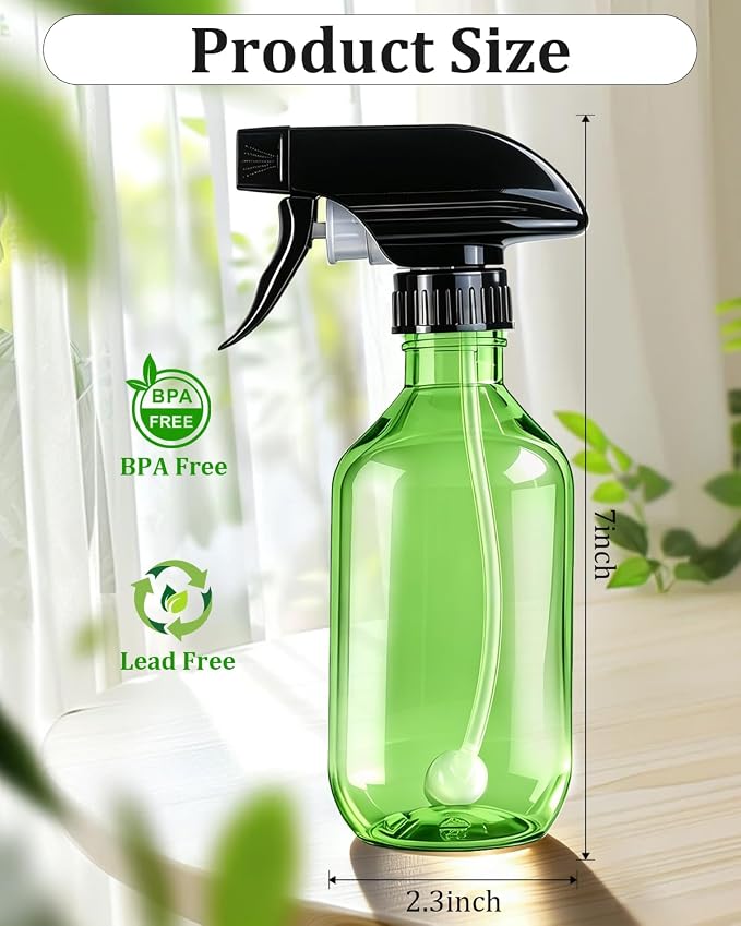 2 Pack 360° Spray Bottles, 10 oz Plastic Small Containers with Adjustable Spray Nozzles, Spray Bottles for Hair, Cleaning Solutions, BBQ and Plants Green
