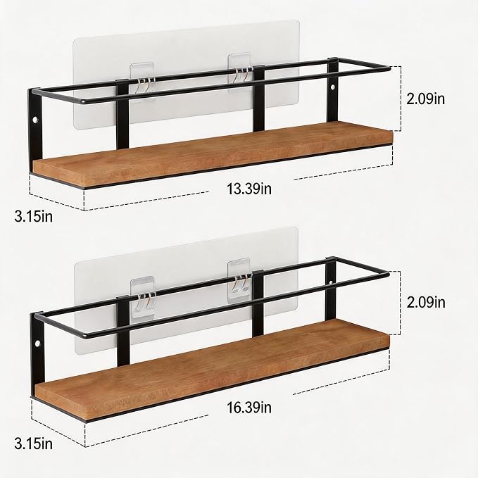 Spice Rack Self-Adhesive or drilling, Rustic Style Hanging Spice Rack, Spice Organization for Cabinet Door or Wall Mount, Over The Stove, Kitchen Wall, 2-Pack