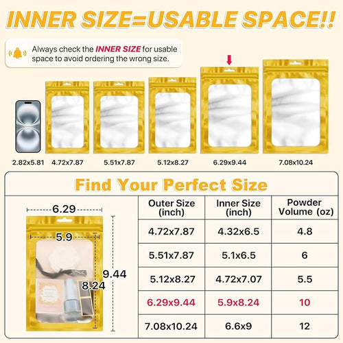 100 PCS Resealable Mylar Bags with Zipper and Frosted Clear Window Smell Proof Packaging Bags Foil Pouch Zipper Bag for Food Self Sealing Storage Supplies (Golden, 6.29x9.44)