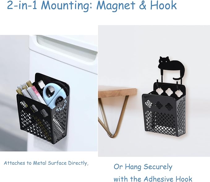 2 Pack Magnetic Pen Holder, Strong Magnet Dry Erase Marker Holder | Metal Mesh Pencil Organizer Hanging Pencil Holder for Refrigerator, Whiteboard, Locker Accessories, with Hook, Black