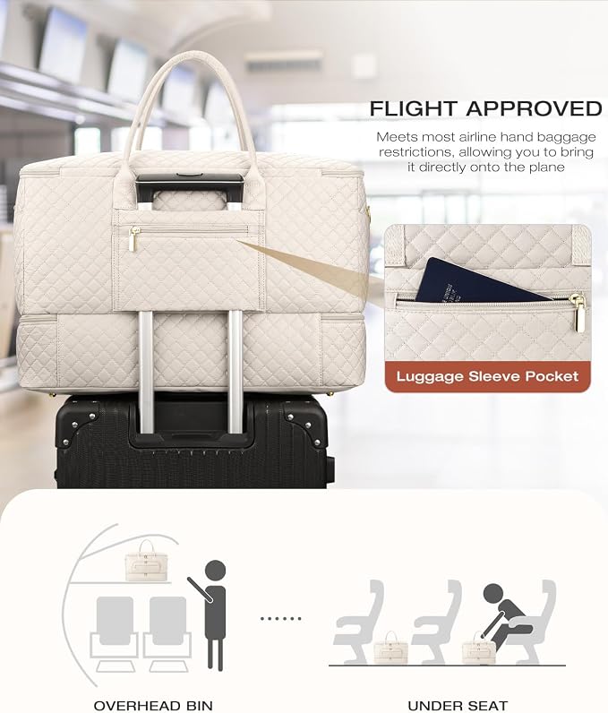 Travel Duffle Bag, Wide Open Large Weekender Bag for Women with Shoe Compartment, Carry on Overnight Bags with Toiletry Bag, Hospital Bag for Women Labor Delivery with Wet Pocket (Cream)