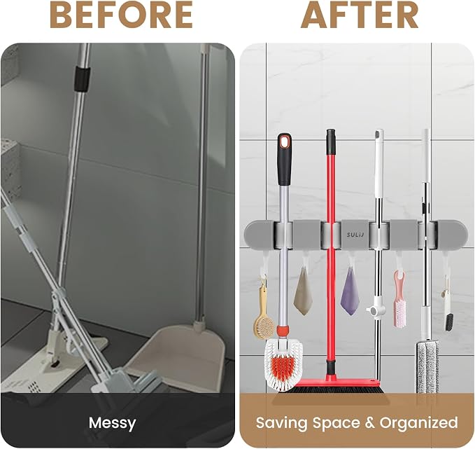 2Pcs Broom Holder Wall Mount, No-Drilling Self-Adhesive Mop and Broom Storage Rack with Hooks (4 Racks with 5 Hooks), Wall-Mounted Broom Hanger for Bathroom, Kitchen, Closet, Garage (Grey)