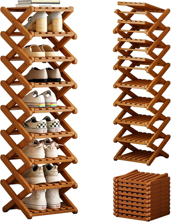 Bamboo Foldable Shoe Rack, 9 Tier Portable Shoe Storage Rack, Multi Functional Narrow Vertical Shoe Racks, Shoe Shelf for Entryway, Corner, Bedroom, Hallway, Balconies, Small Space