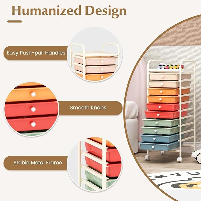 LDAILY 10-Drawer Rolling Storage Cart, Rolling Storage Cart, Storage Organizer on Wheels, Metal Frame, Scrapbook Paper Tools, Suitable for Office School, Classroom (Macaron, 10 Drawer)