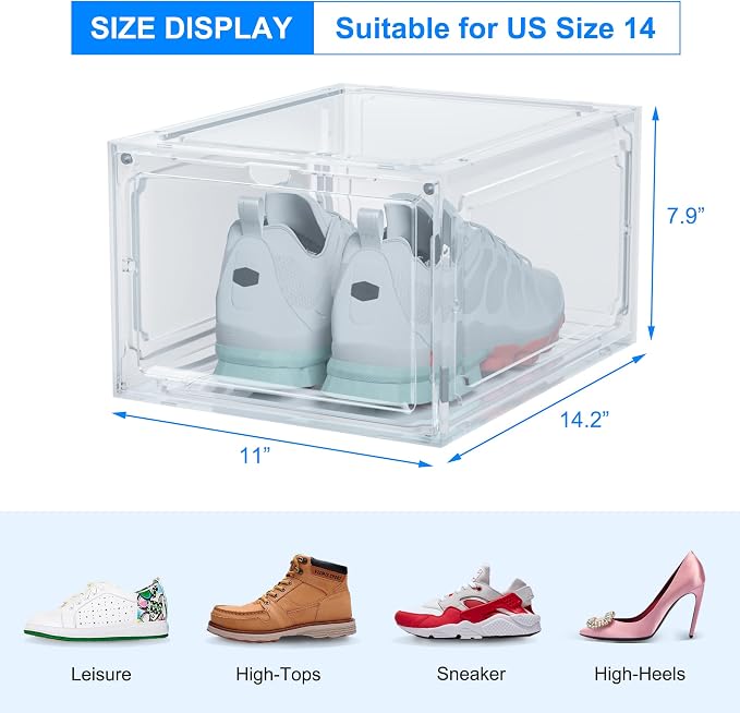 HIYOHIYO 1-Pack Clear Plastic Stackable Shoe Box Organizer, Fit US Size 14 | Sneaker Containers Magnetic Shoes Storage Box Foldable Drop Front Organizer Cases for Home Display Bins